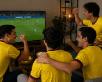 Amigos viendo un partido de Colombia en el Mundial 2026.