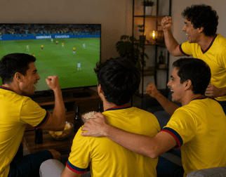 Amigos viendo un partido de Colombia en el Mundial 2026.